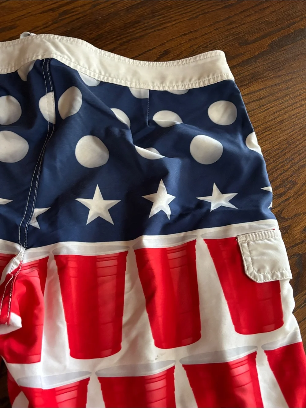 CARBON Men's Red SOLO cup, White & Blue Patriotic Swim Trunks